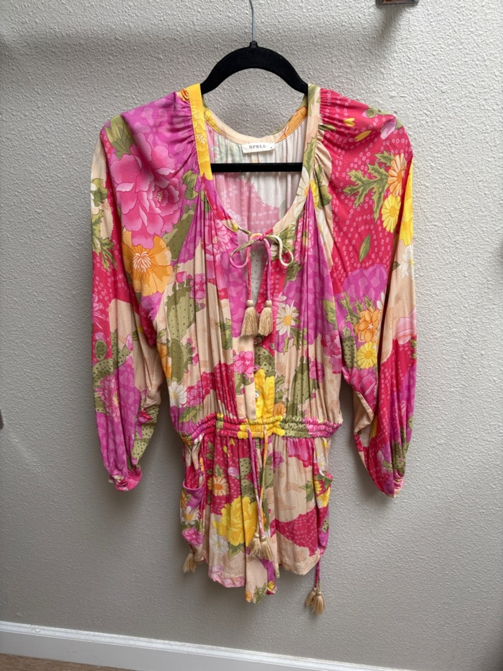 SPELL Floral Boho Tassel Romper in Pink & Yellow